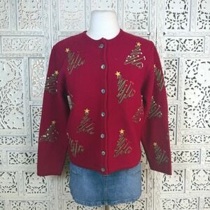 Vtg Karen Scott Petites 100% Wool Red Christmas Holiday Button Up Cardigan Sz M
